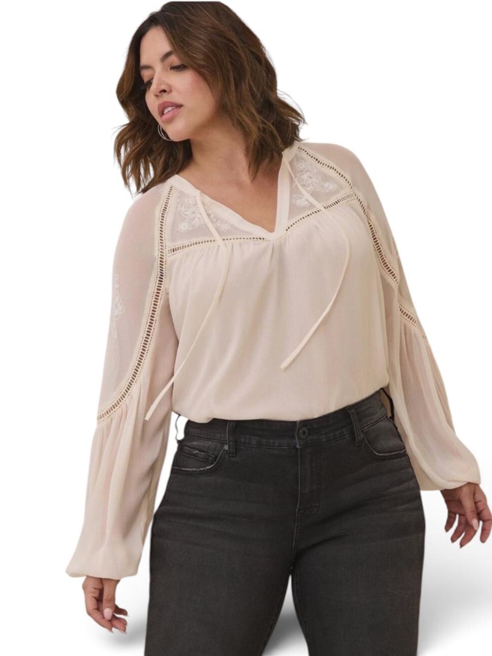 Torrid Ivory Crinkle Chiffon Embroidered Lace-Inset Peasant Blouse 1X